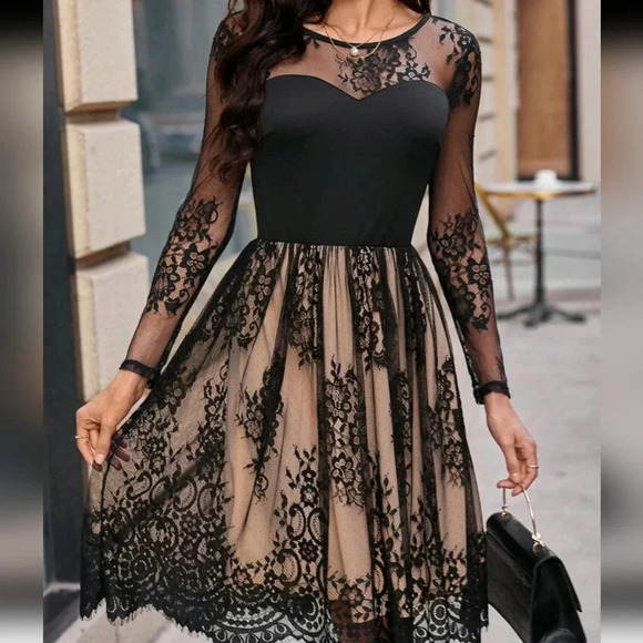 Lace Mesh Sheer Overlay Knee-length Dress - Picture 1 of 5